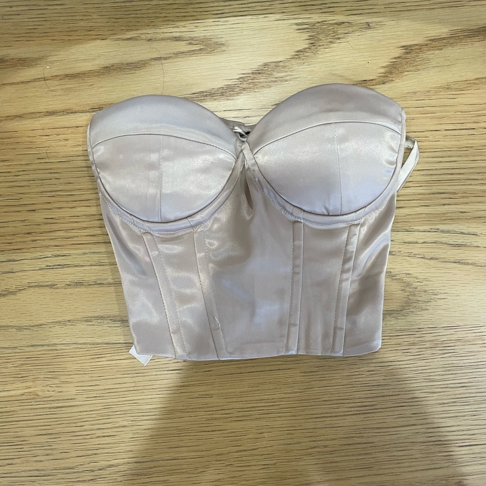 Pretty Little Thing corset top in champagne.